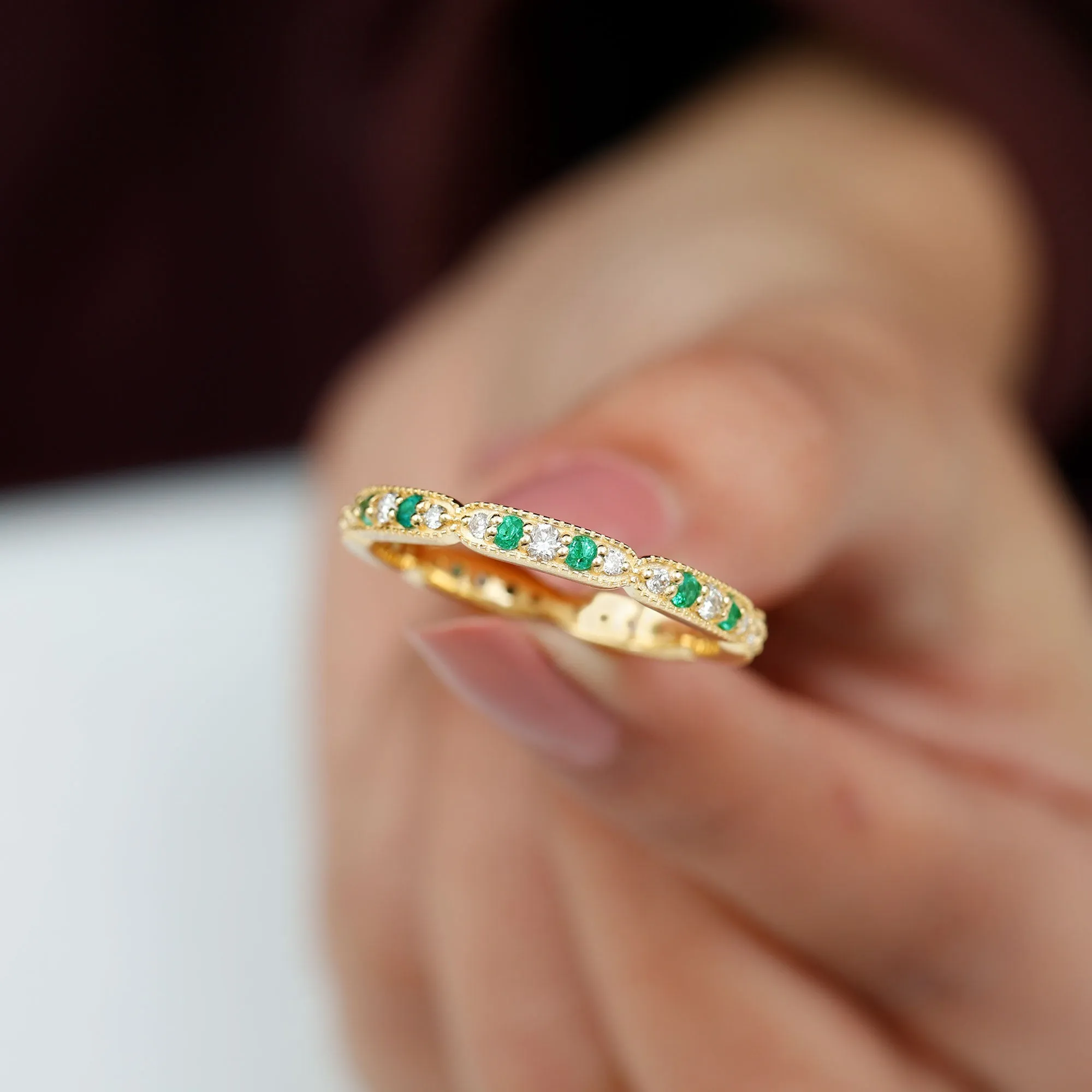 Emerald and Diamond Alternating Eternity Ring