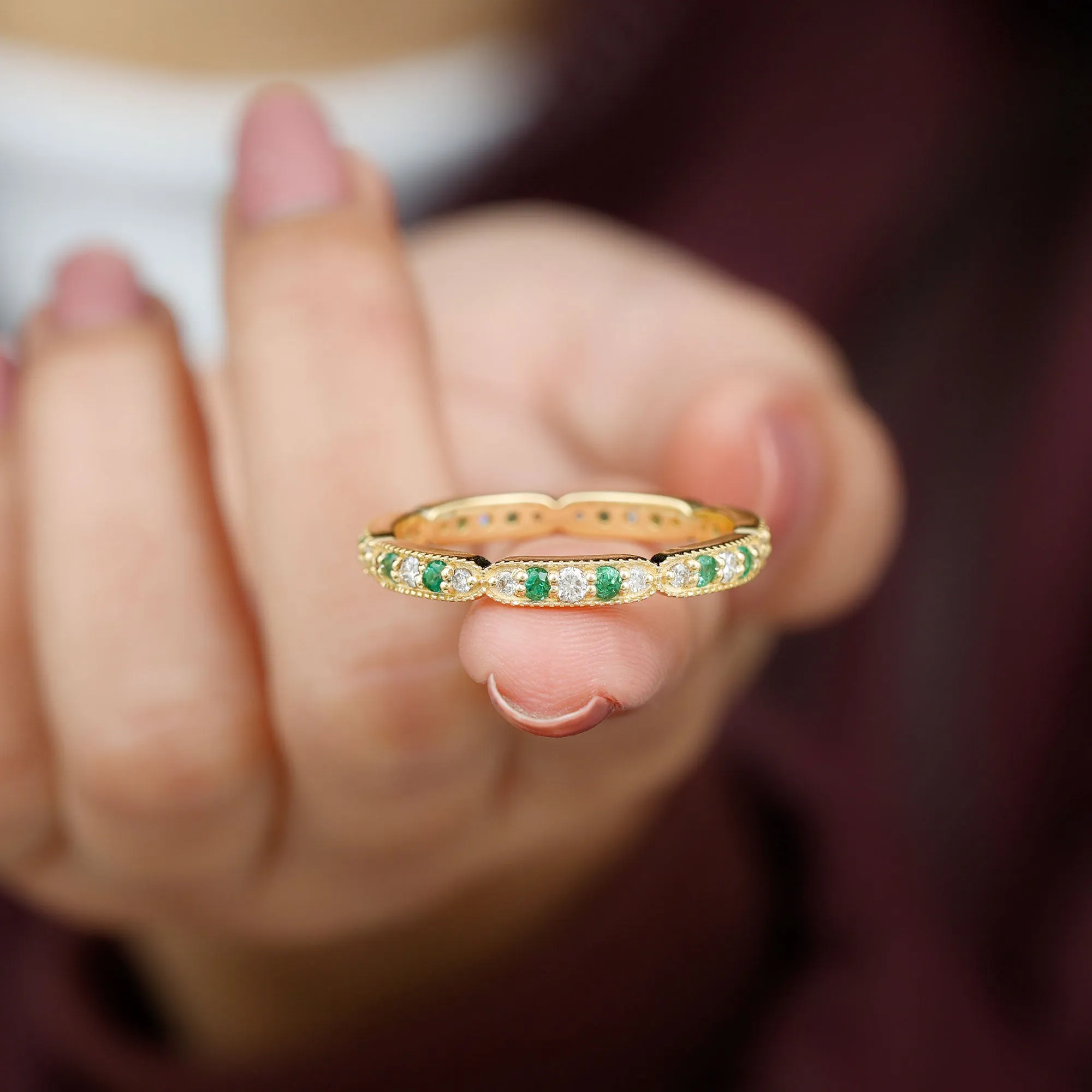 Emerald and Diamond Alternating Eternity Ring