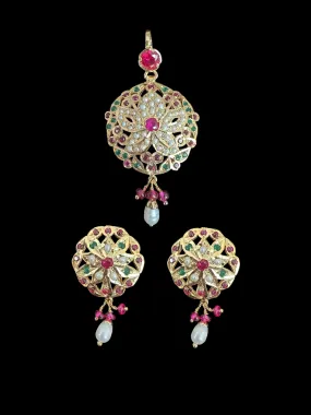 ESHAL pendant set in silver - Ruby emerald pearl ( READY TO SHIP )