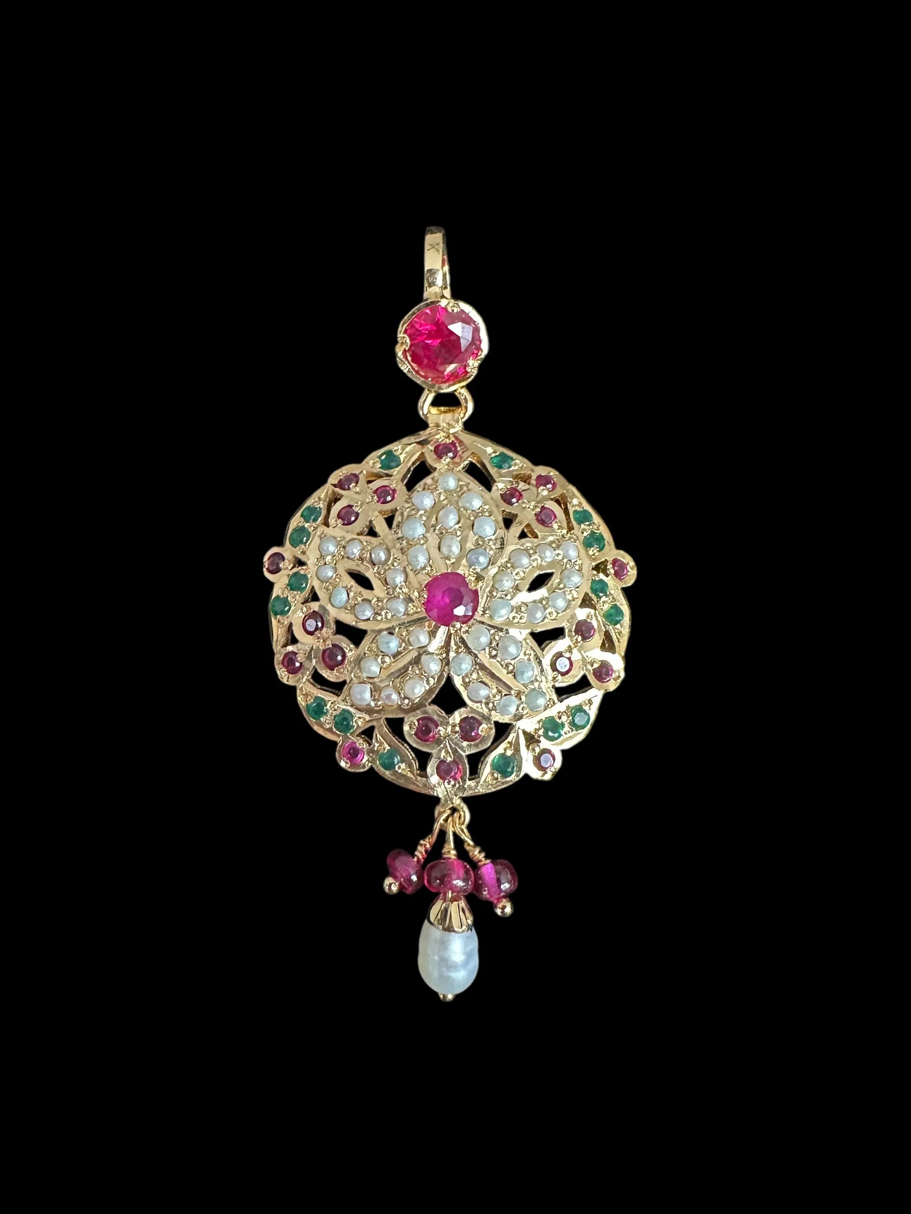 ESHAL pendant set in silver - Ruby emerald pearl ( READY TO SHIP )