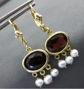 ESTATE 3CT AAA GARNET & SOUTH SEA PEARL 14KT YELLOW GOLD 3D CHANDELIER EARRINGS