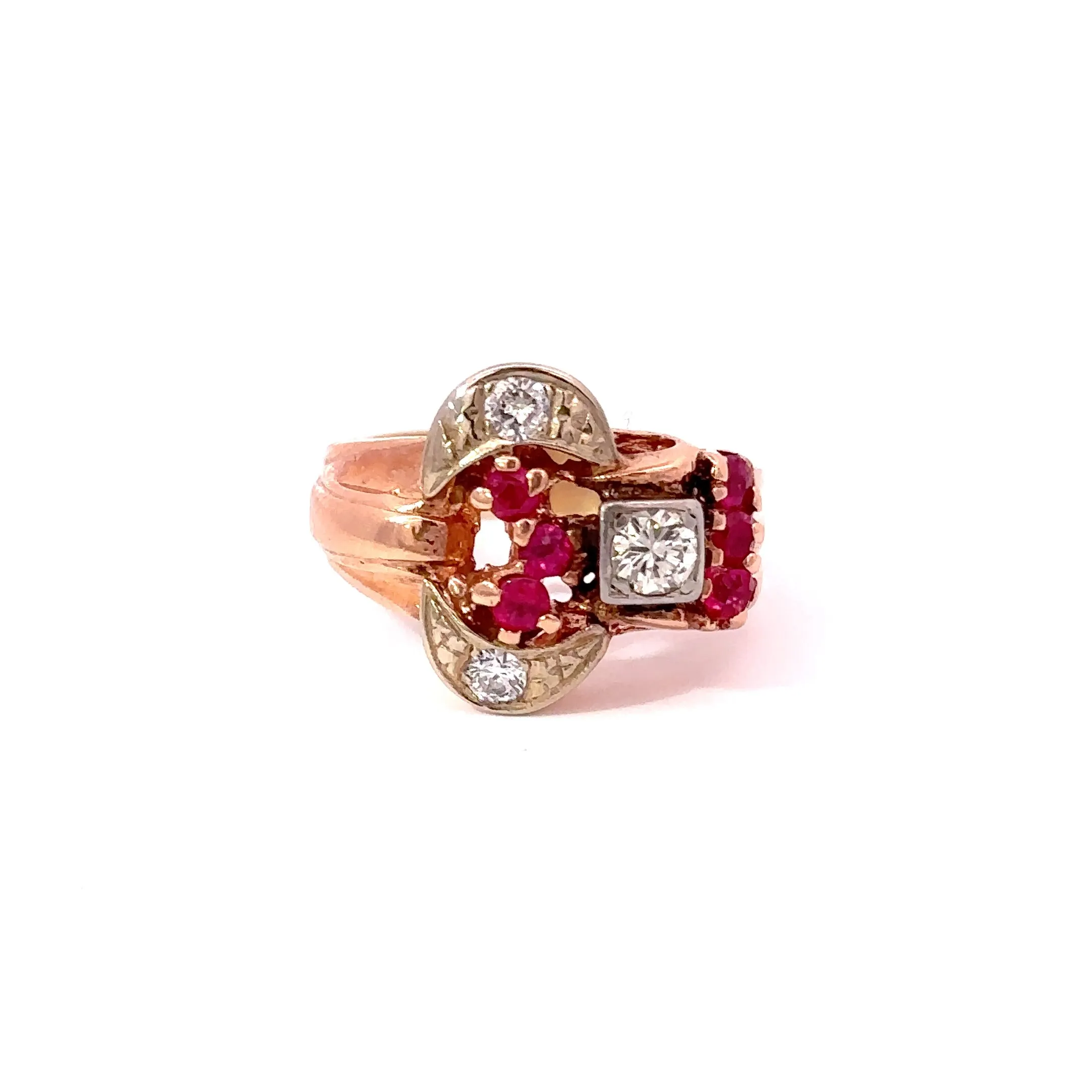 Estate Retro Era 14KT Rose Gold Ruby And Diamond Ring