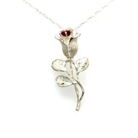 Estate Rose Bud Pendant Necklace with Garnet in Sterling Silver