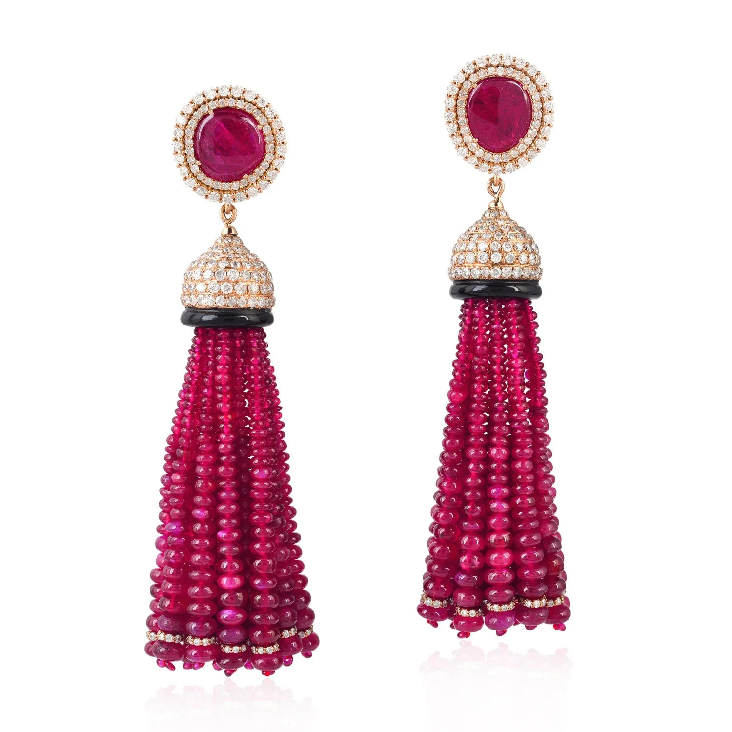 Faceted Ruby Beads Onyx Pave Diamond Beautiful Tassel Earrings In 18k Rose Gold Jewelry