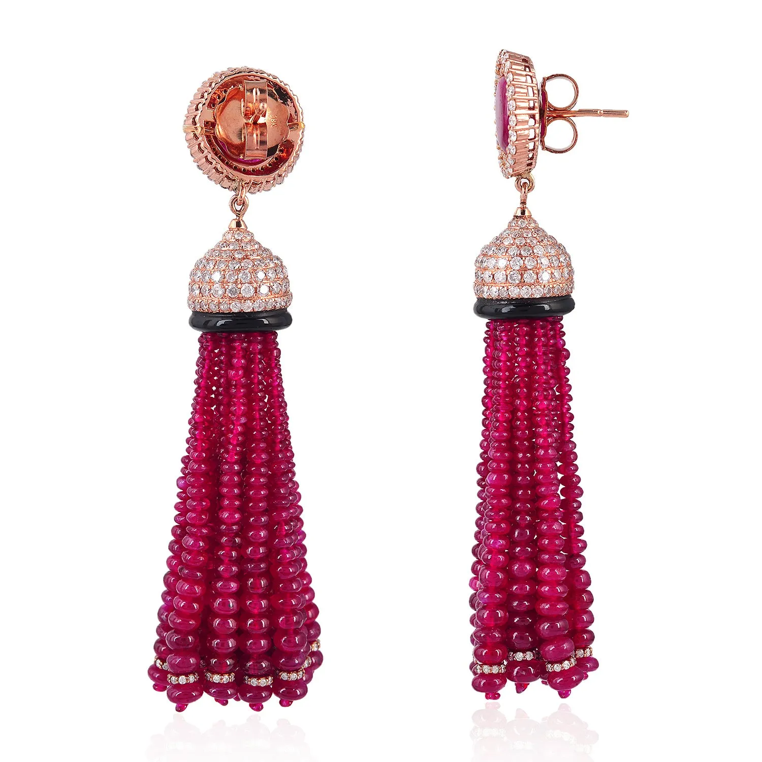 Faceted Ruby Beads Onyx Pave Diamond Beautiful Tassel Earrings In 18k Rose Gold Jewelry