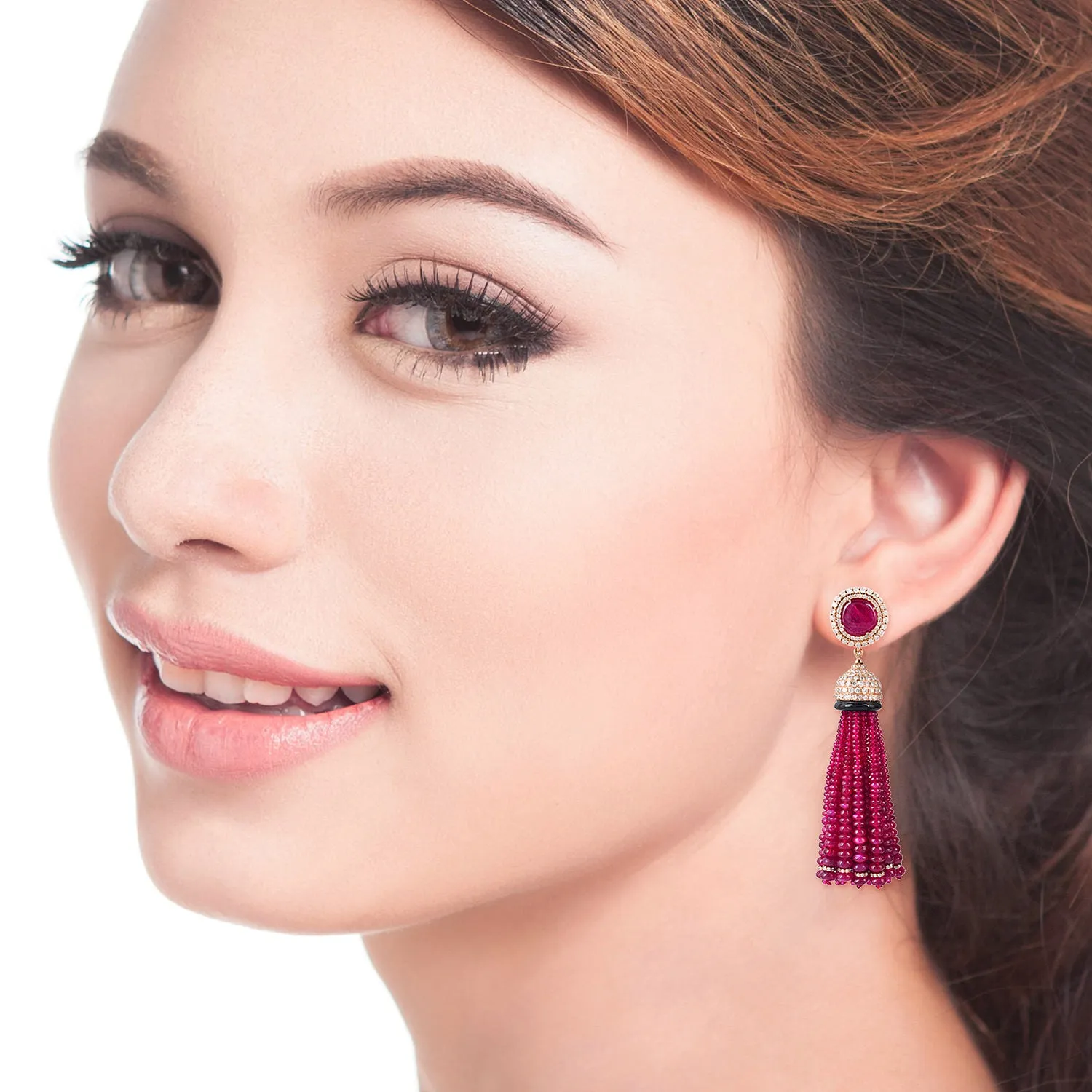 Faceted Ruby Beads Onyx Pave Diamond Beautiful Tassel Earrings In 18k Rose Gold Jewelry