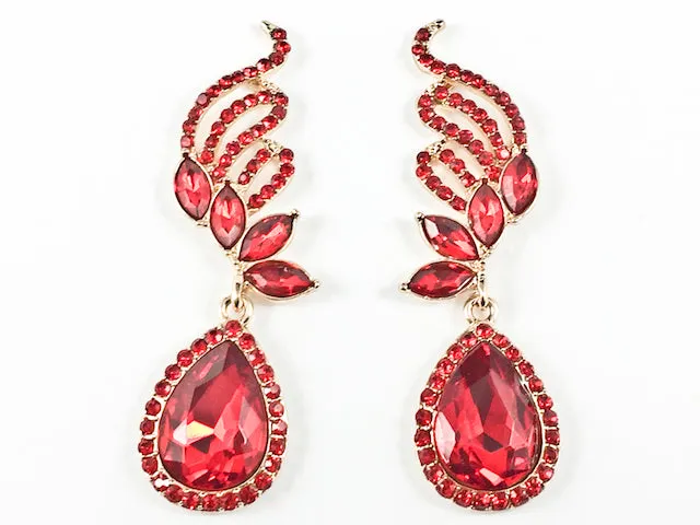 Fancy Beautiful Floral Pattern Design Red Crystals Gold Tone Fashion Earrings