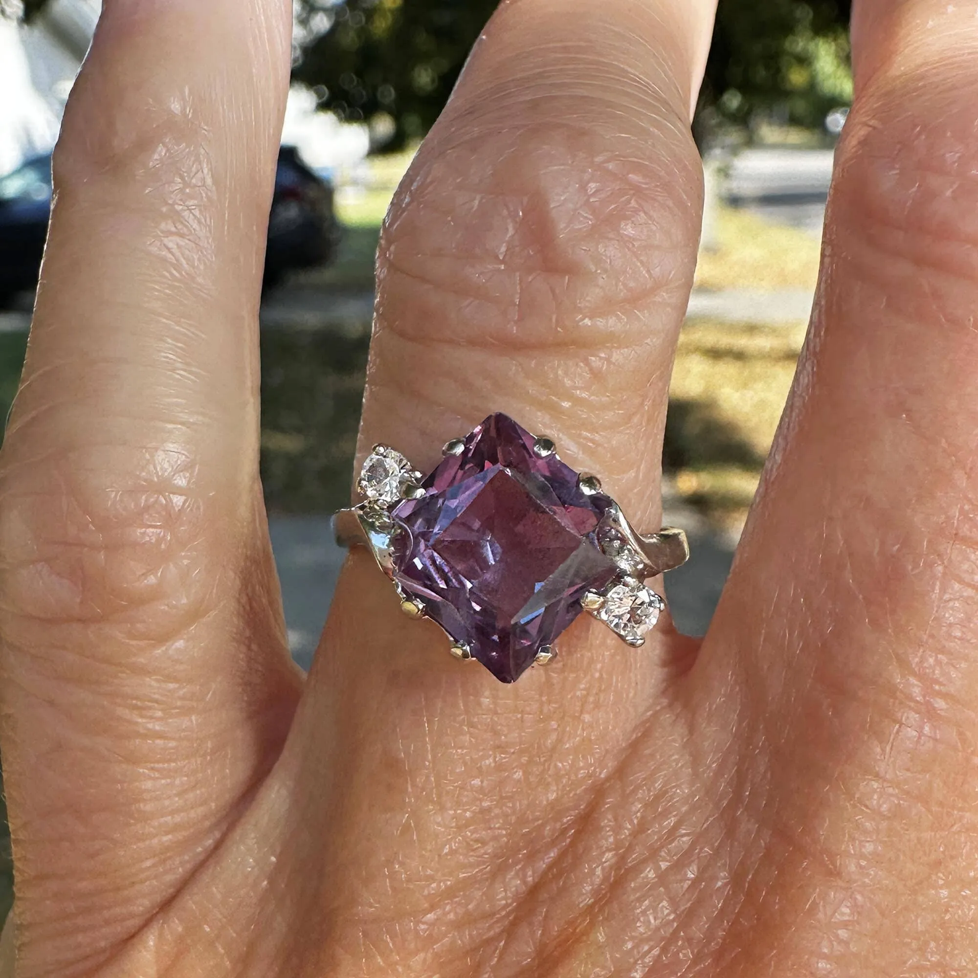 Fancy Cut Color Change Sapphire Ring in White Gold