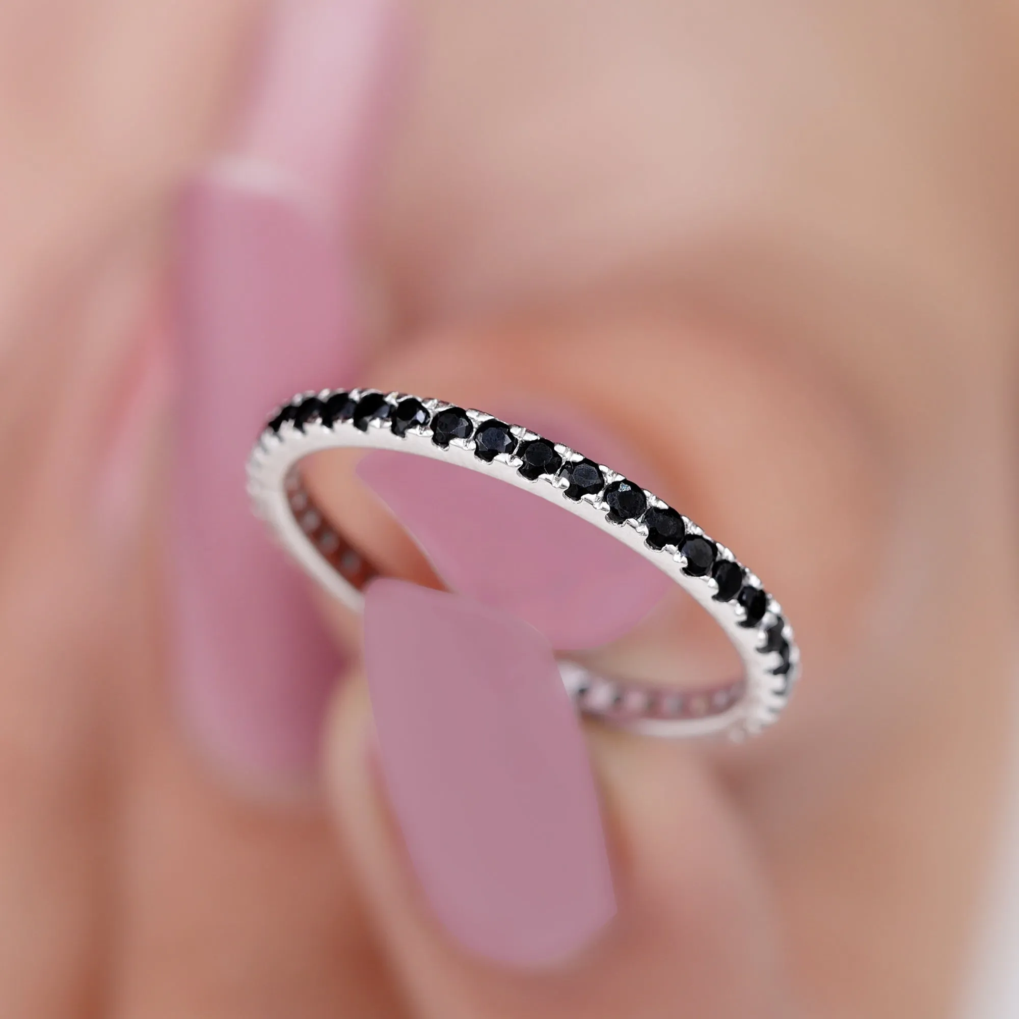 French Pave Set Black Spinel Stackable Full Eternity Ring