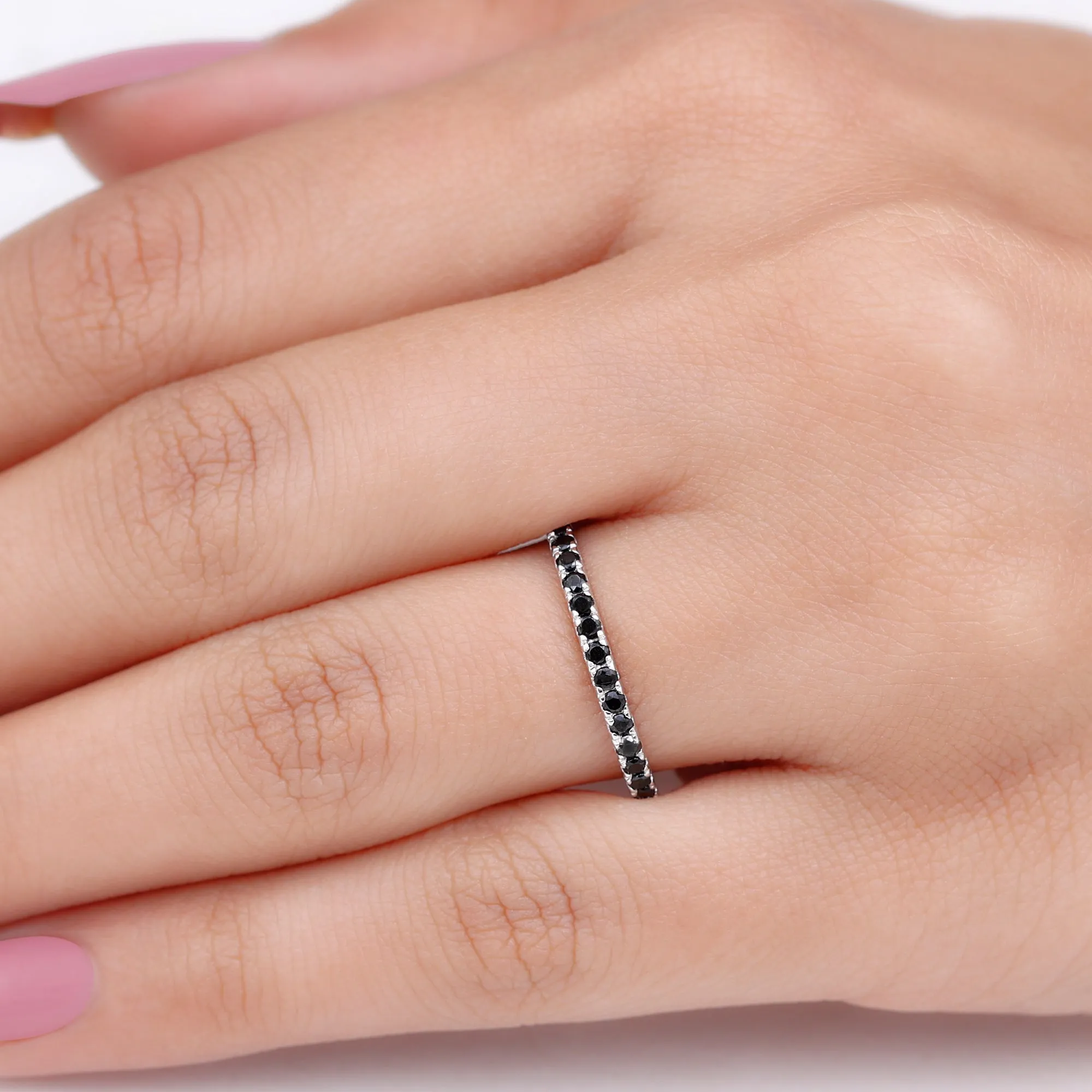 French Pave Set Black Spinel Stackable Full Eternity Ring