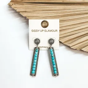 Friendly Ties Silver Concho Post Earrings with Stone Beaded Rectangle Bar Drop in Turquoise