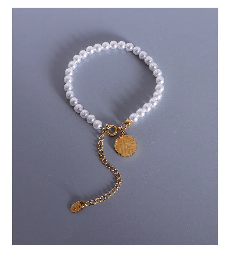 Fu Character Imitation Pearl Bracelet - Women's Titanium Steel & 18K Gold Jewelry