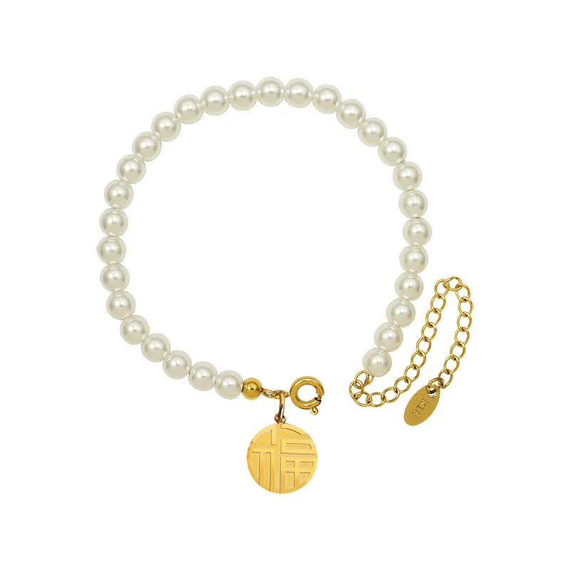 Fu Character Imitation Pearl Bracelet - Women's Titanium Steel & 18K Gold Jewelry