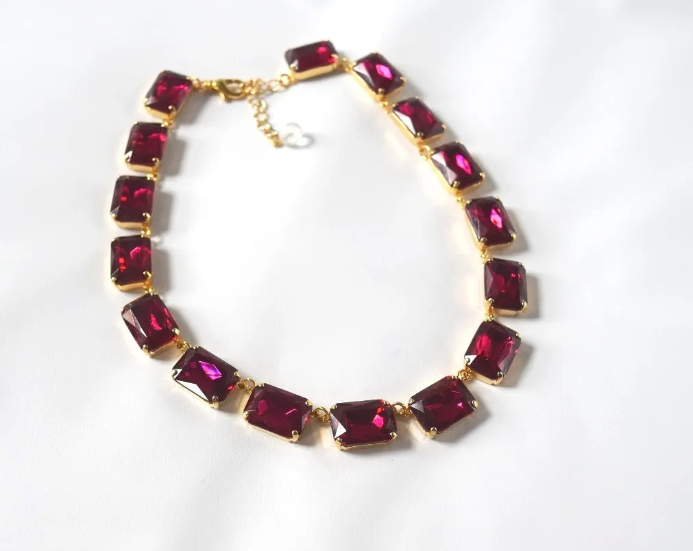 Fuchsia Pink Crystal Collet Necklace | Large Octagon Riviere