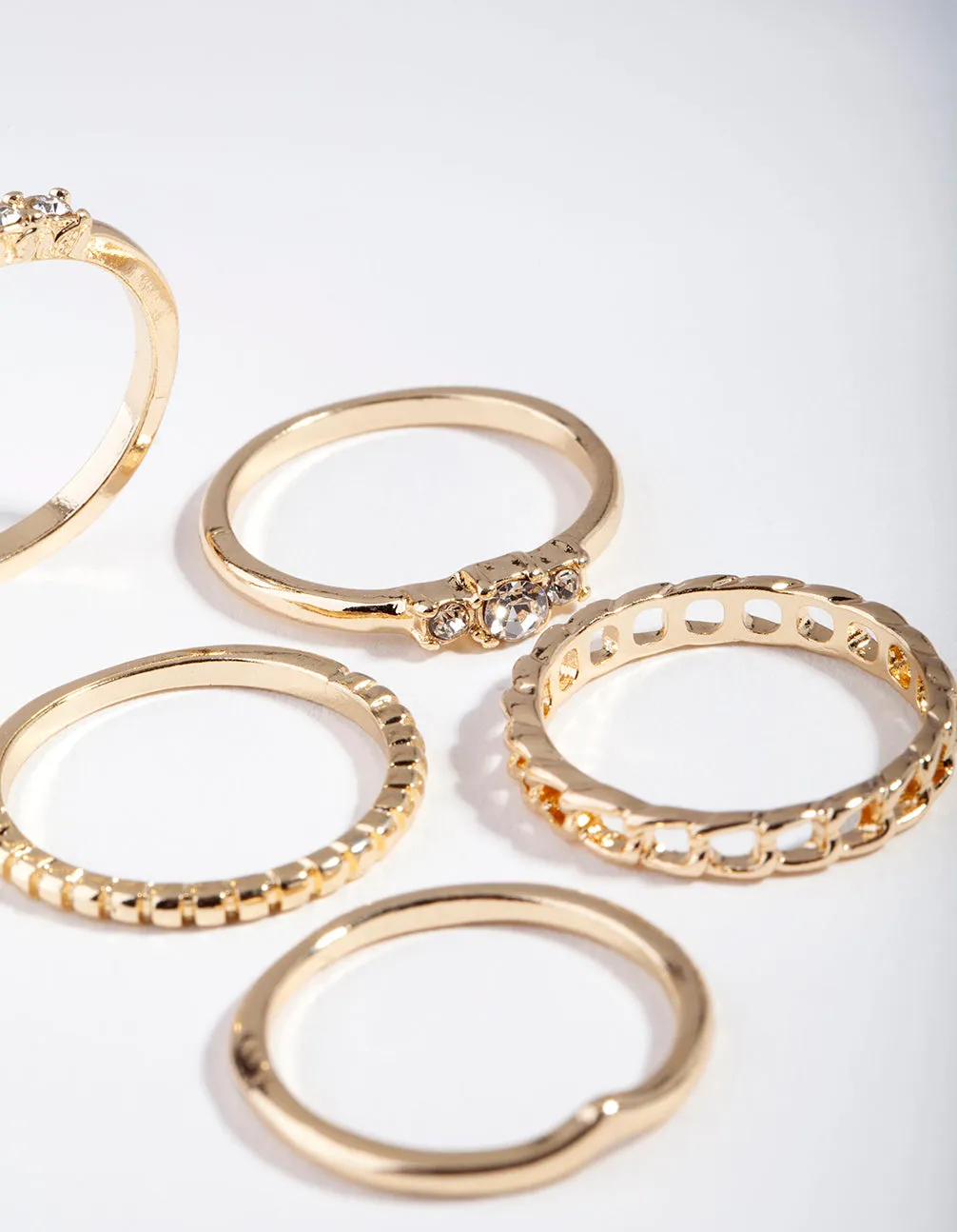 Gold Diamante & Chain Ring 5-Pack