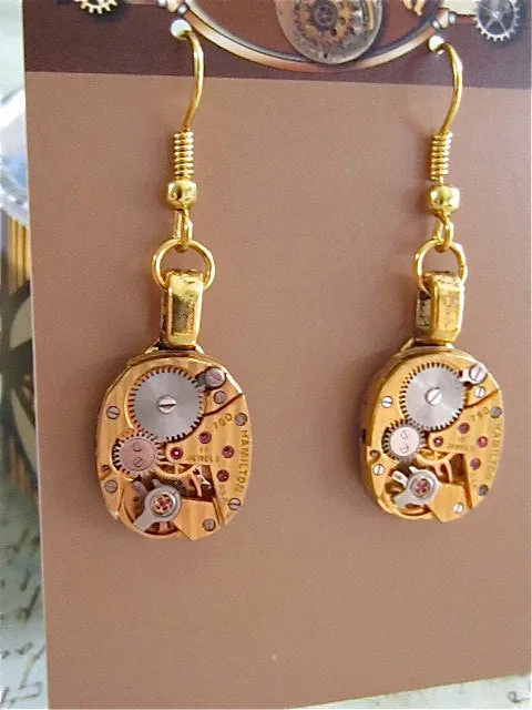 Gold Hamilton  - Steampunk Earrings - Watch Movements -  Repurposed art