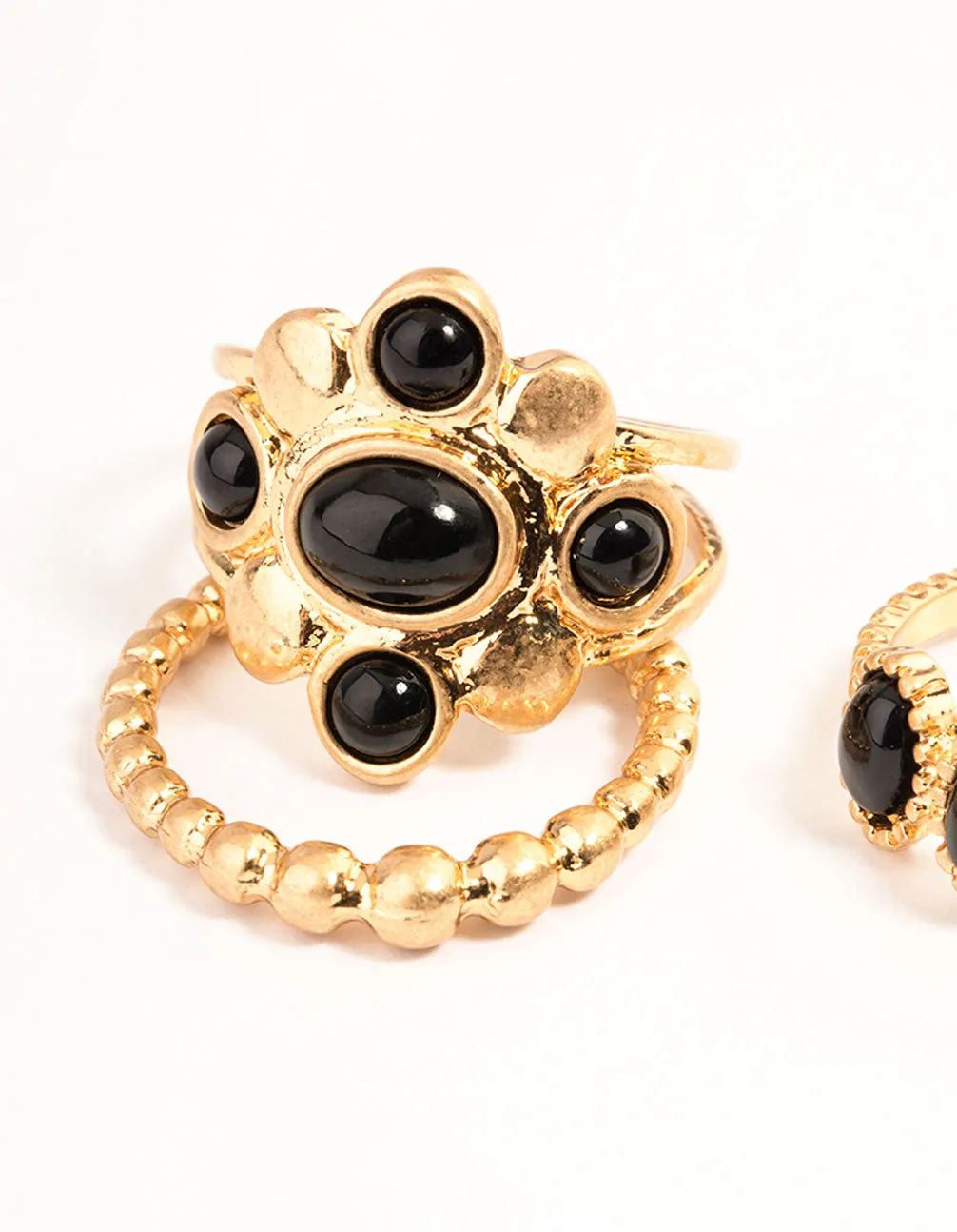 Gold Jet Black Beaded Ring Set