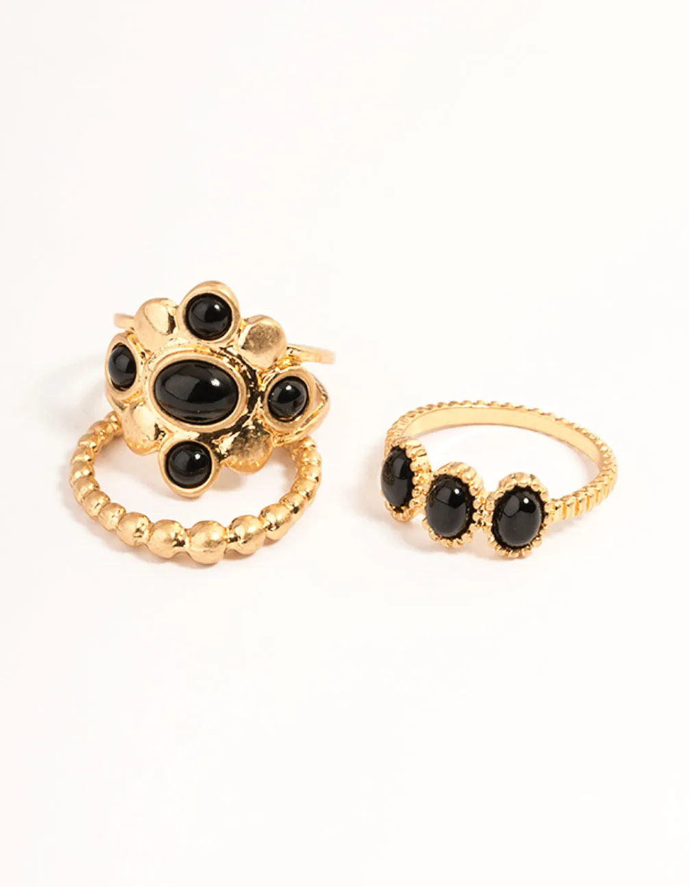 Gold Jet Black Beaded Ring Set