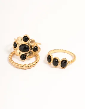 Gold Jet Black Beaded Ring Set