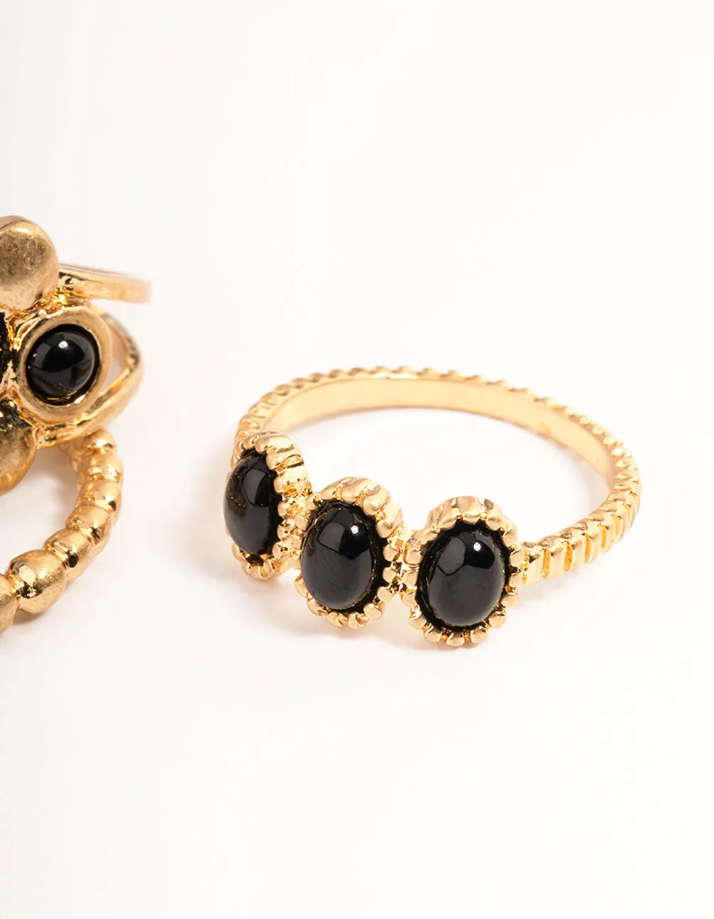 Gold Jet Black Beaded Ring Set