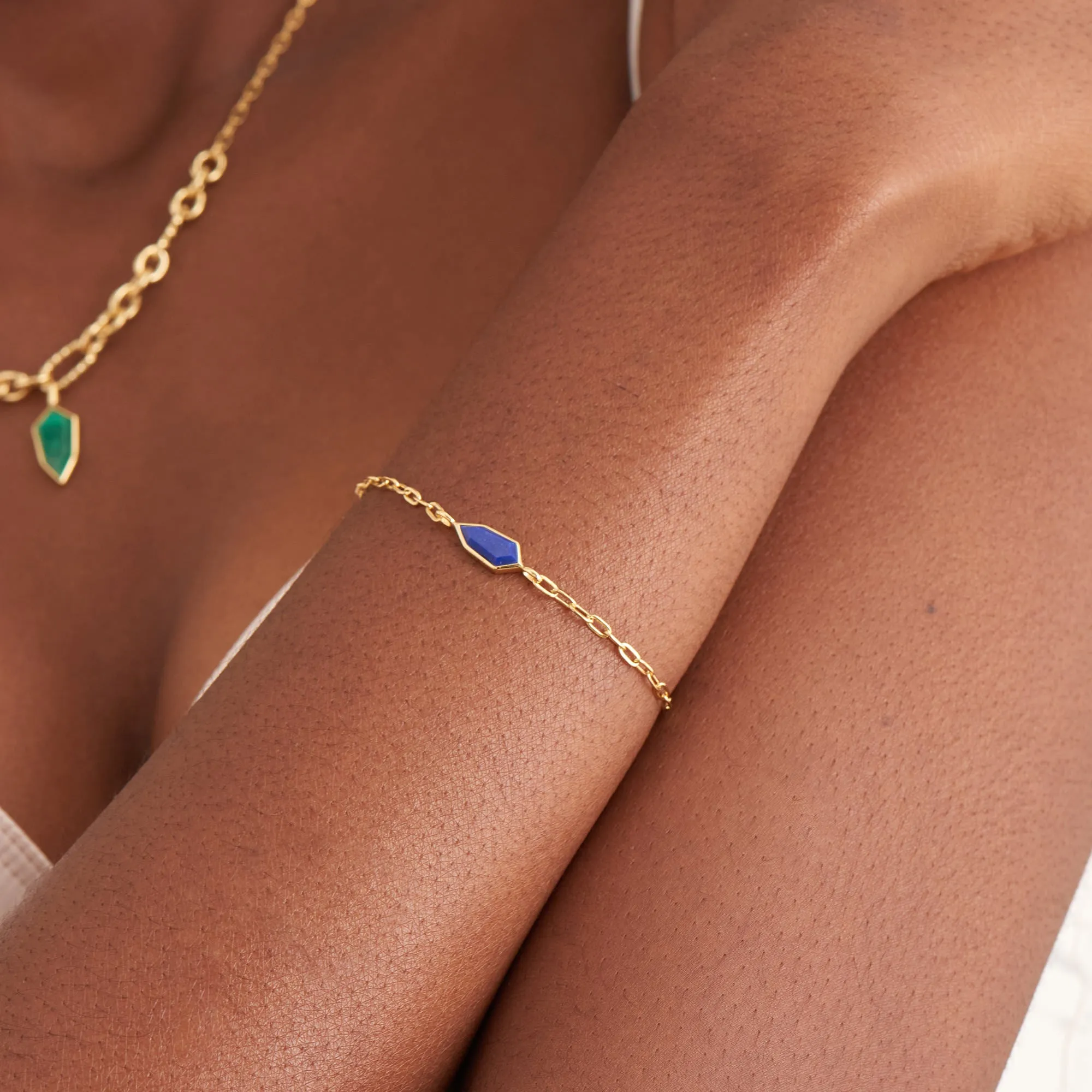 Gold Lapis Emblem Chain Bracelet