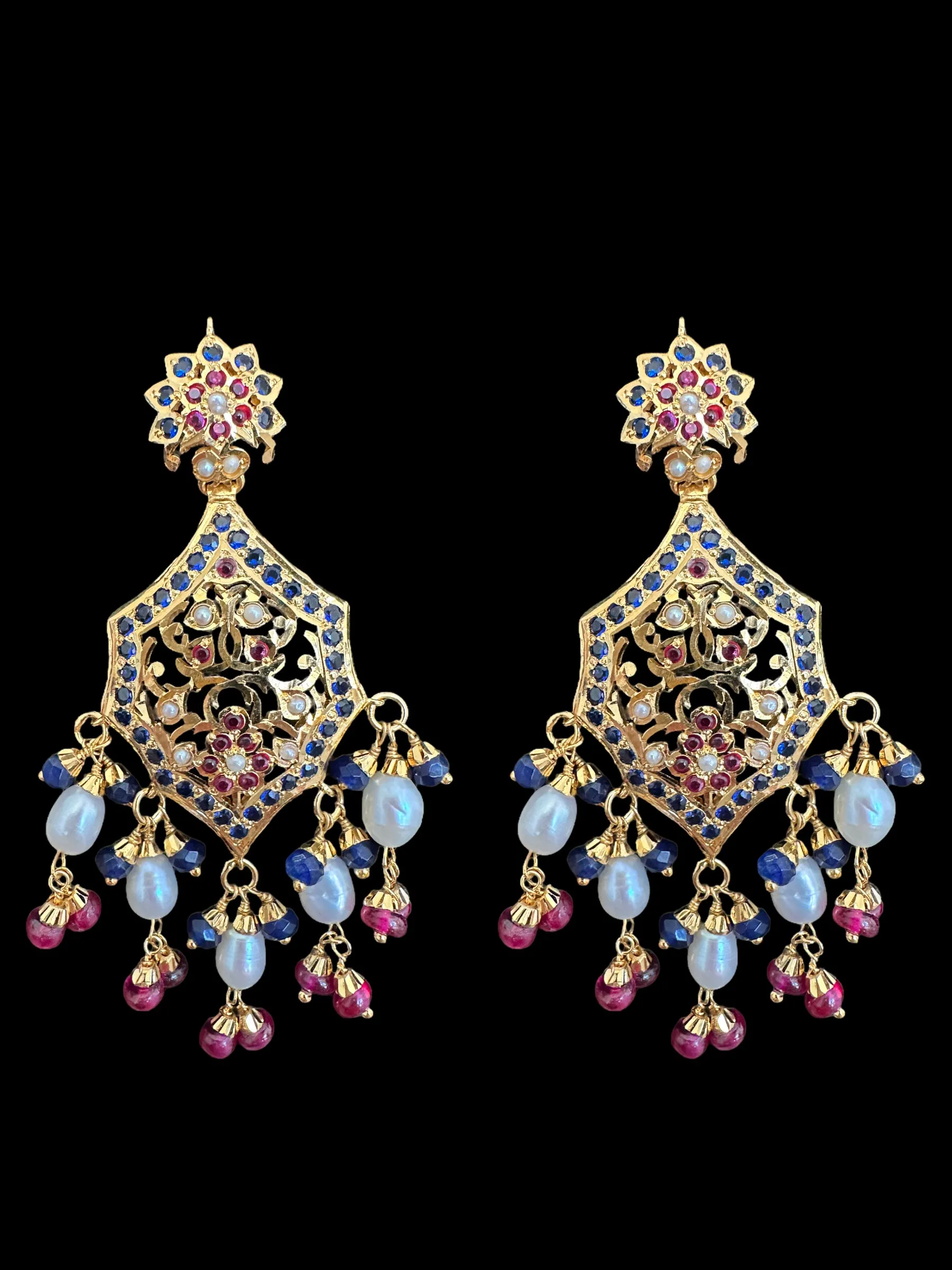 Gold plated silver earrings in ruby and sapphire with pearls ( READY TO SHIP)