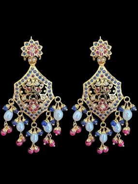 Gold plated silver earrings in ruby and sapphire with pearls ( READY TO SHIP)