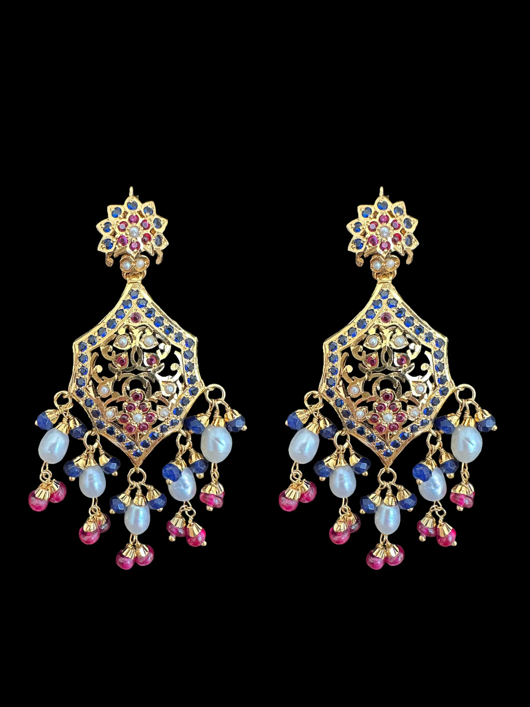 Gold plated silver earrings in ruby and sapphire with pearls ( READY TO SHIP)