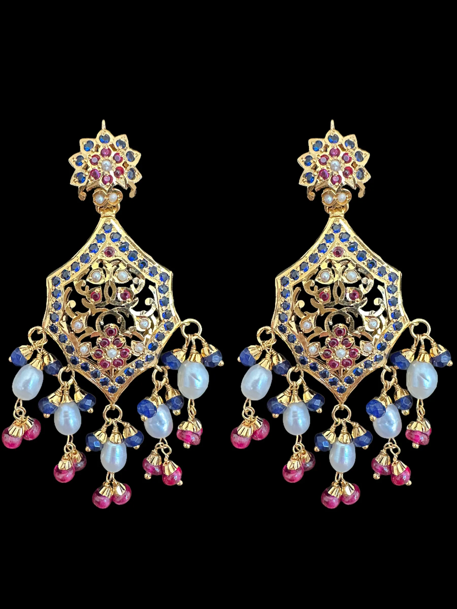 Gold plated silver earrings in ruby and sapphire with pearls ( READY TO SHIP)