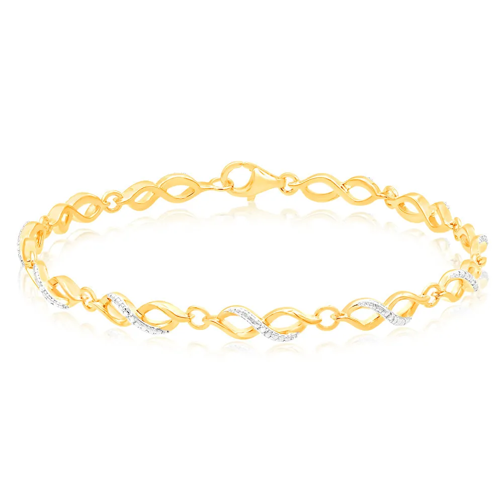 Gold Plated Sterling Silver Fancy Infinity 18.5cm Bracelet with 7 Natural Diamonds