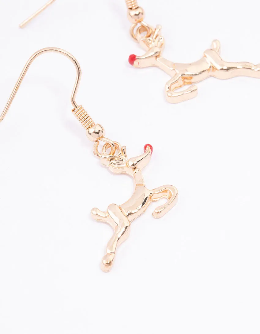 Gold Reindeer Enamel Drop Earrings