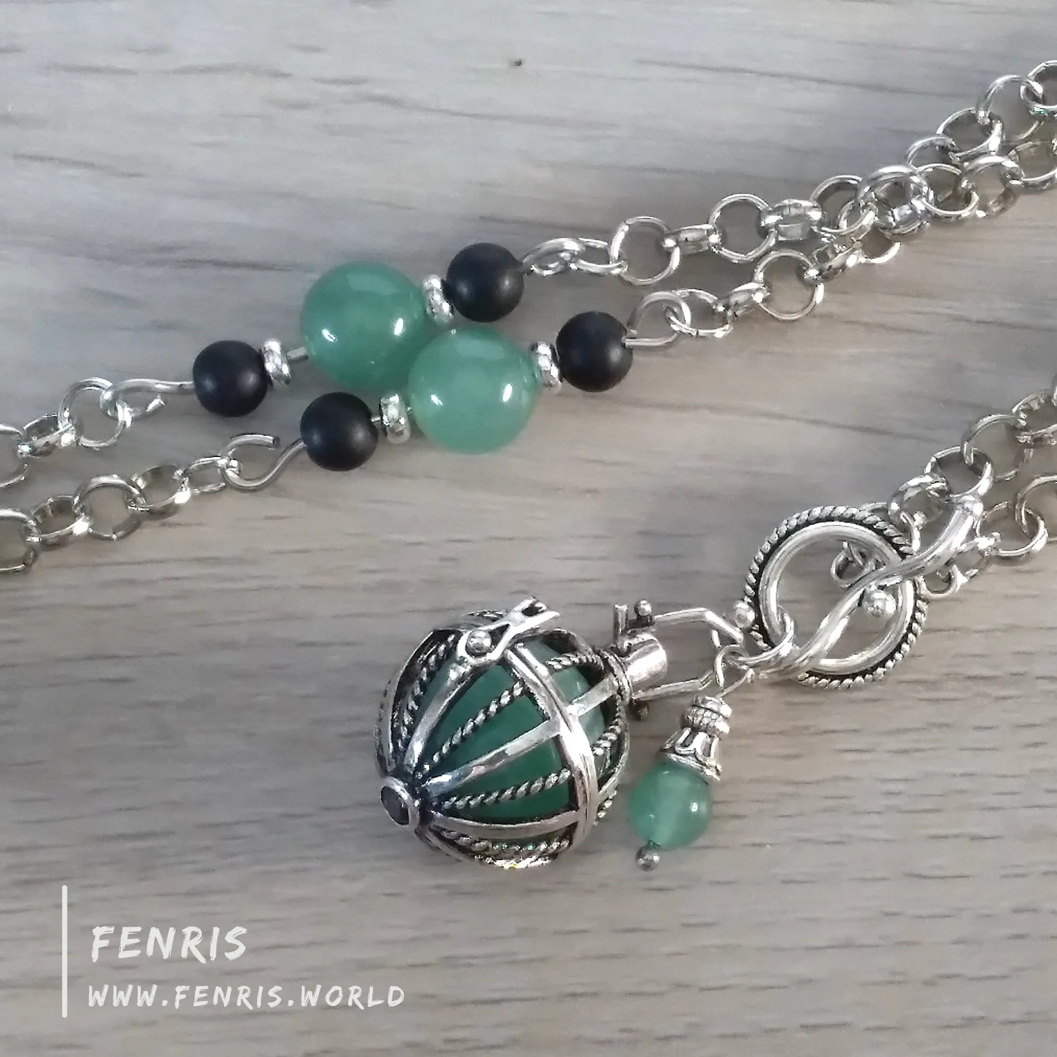 Green Aventurine Necklace Silver Sphere & Obsidian