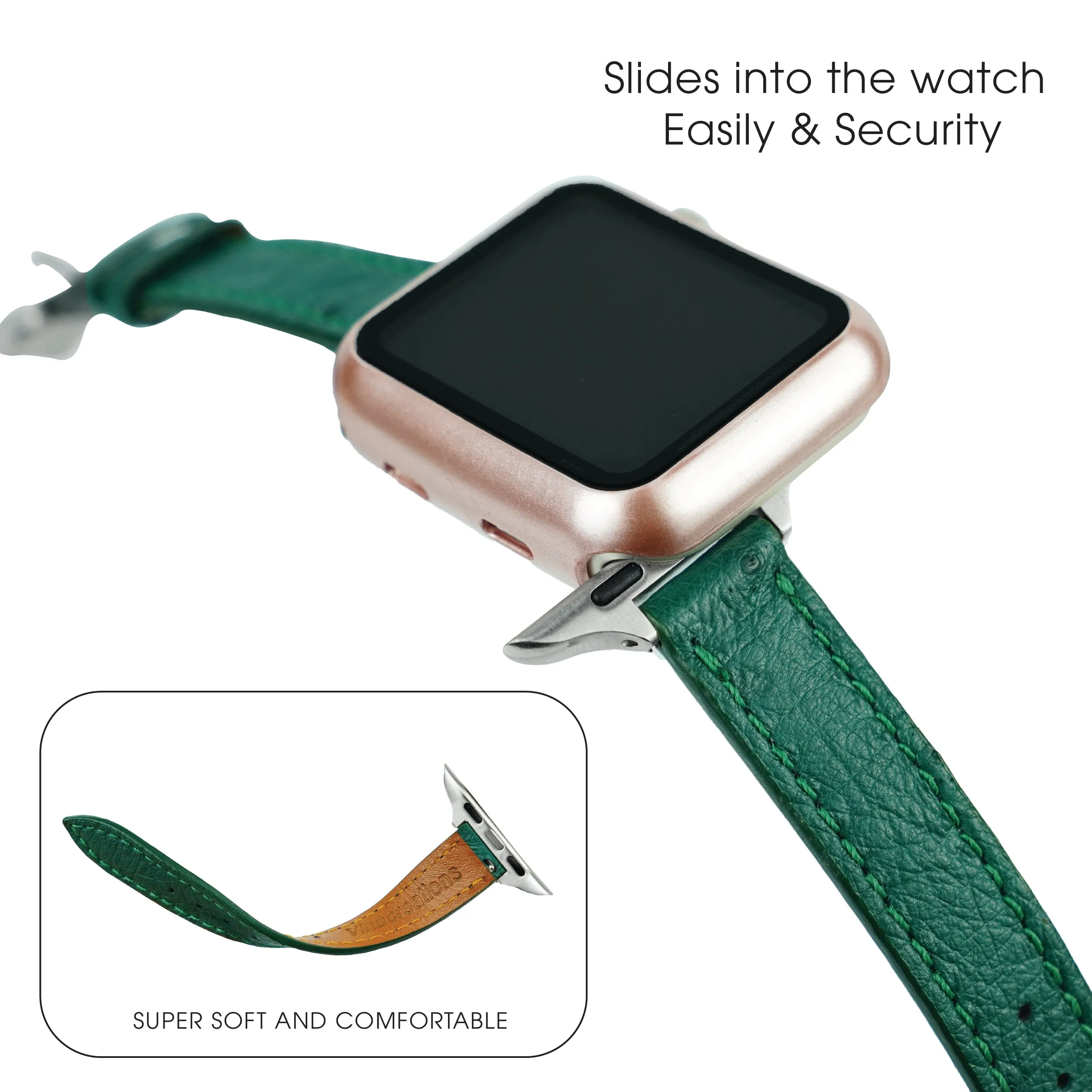 Green Flat Ostrich Leather Band Compatible Apple Watch Iwatch 49mm Screen Protector Case Silver Adapter Replacement Strap For Smartwatch Series 7 8 Leather Handmade AW-188S-W-49MM