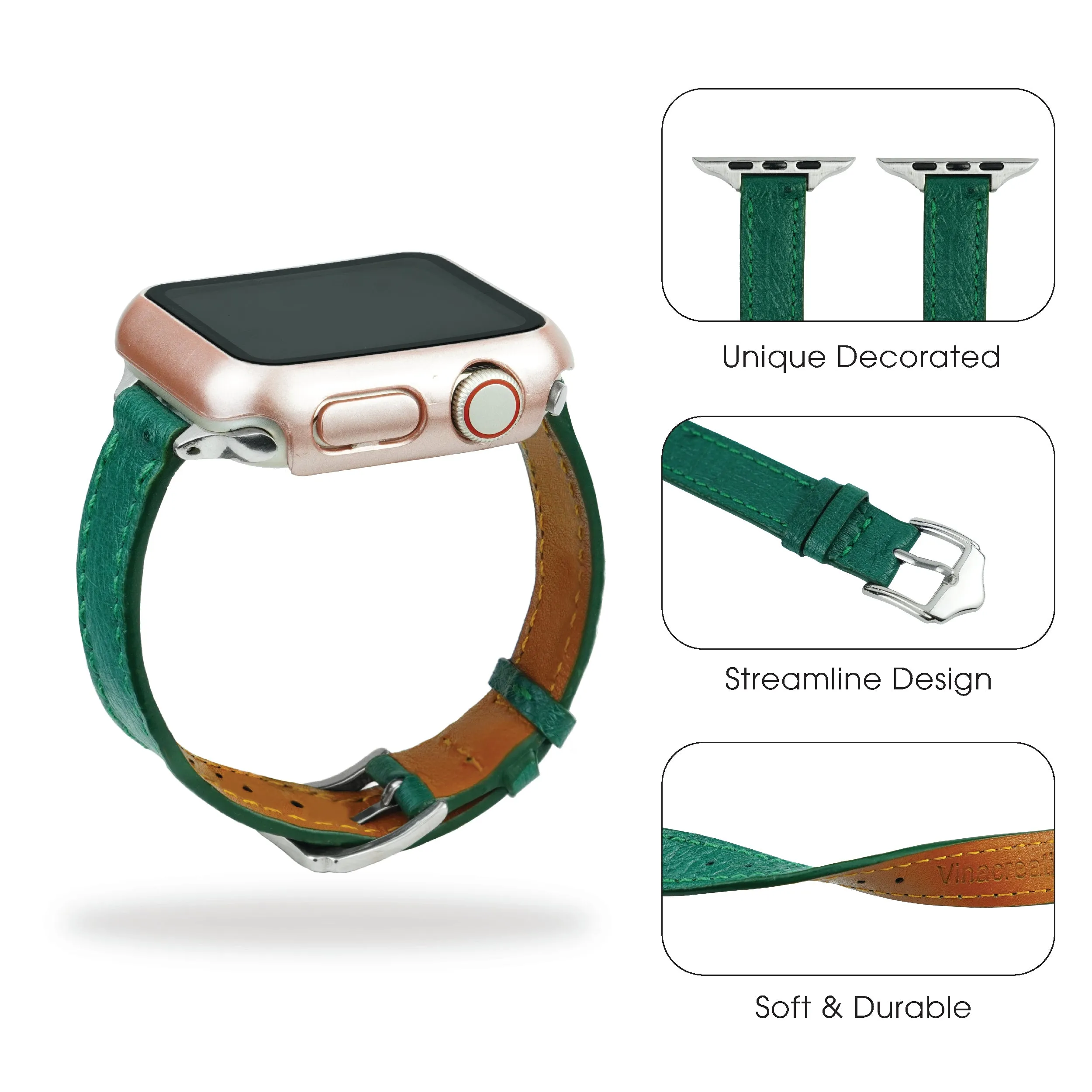 Green Flat Ostrich Leather Band Compatible Apple Watch Iwatch 49mm Screen Protector Case Silver Adapter Replacement Strap For Smartwatch Series 7 8 Leather Handmade AW-188S-W-49MM