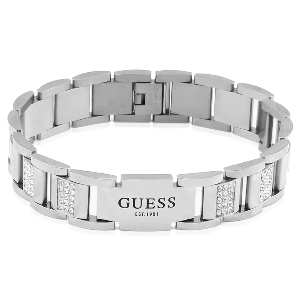 Guess Mens Jewellery Stainless Steel White Cubic Zirconia 15mm Flat Chain Bracelet