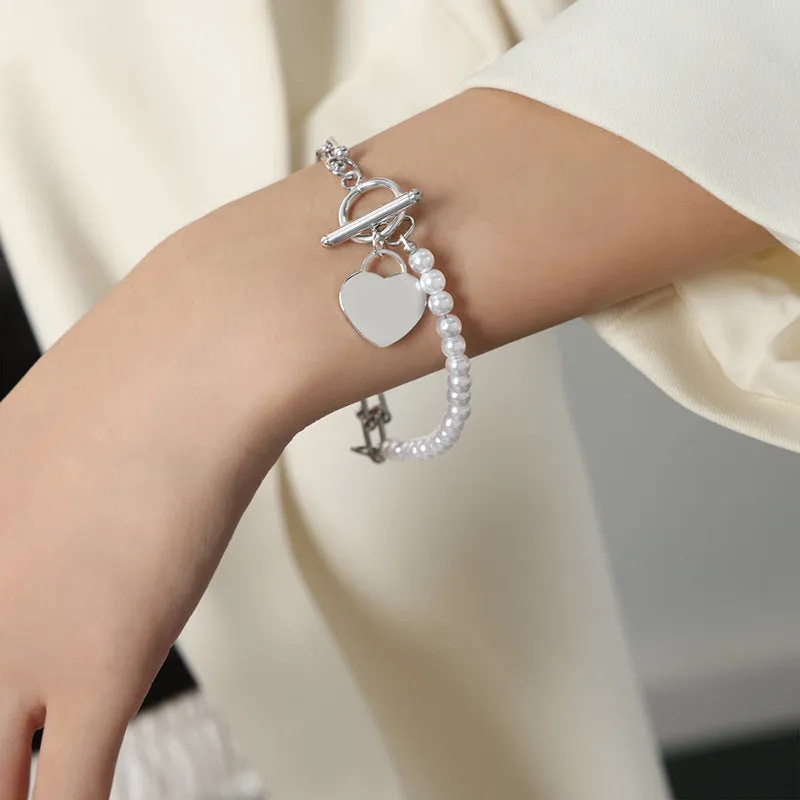 Half Chain Half Pearl Bracelet With Heart Charm