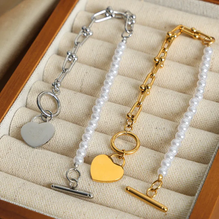 Half Chain Half Pearl Bracelet With Heart Charm