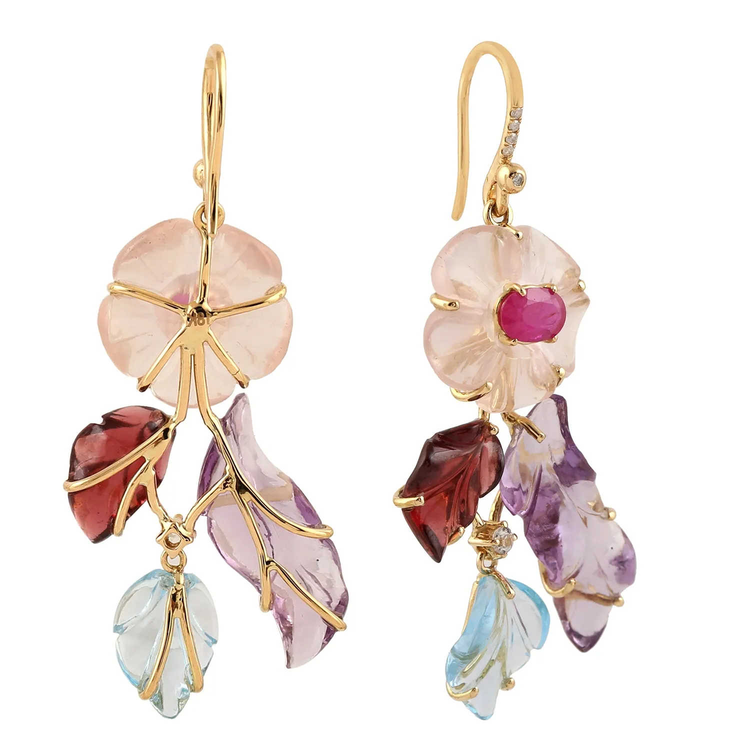 Hand carved Mix stone Ruby Sapphire Diamond Leaf Floral 18k Yellow Gold Danglers