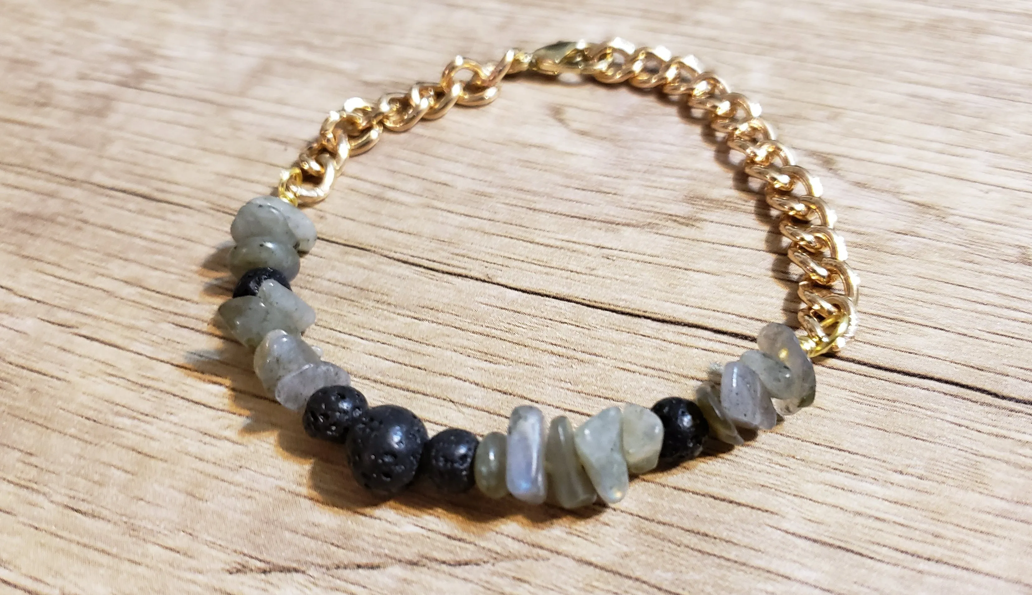 Hand Crafted All Natural Labradorite & Gold Tone Chain Bracelet with Lava Rocks. Non Tarnish & Fully Adjustable to 8.5" with Lobster Claw Clasp