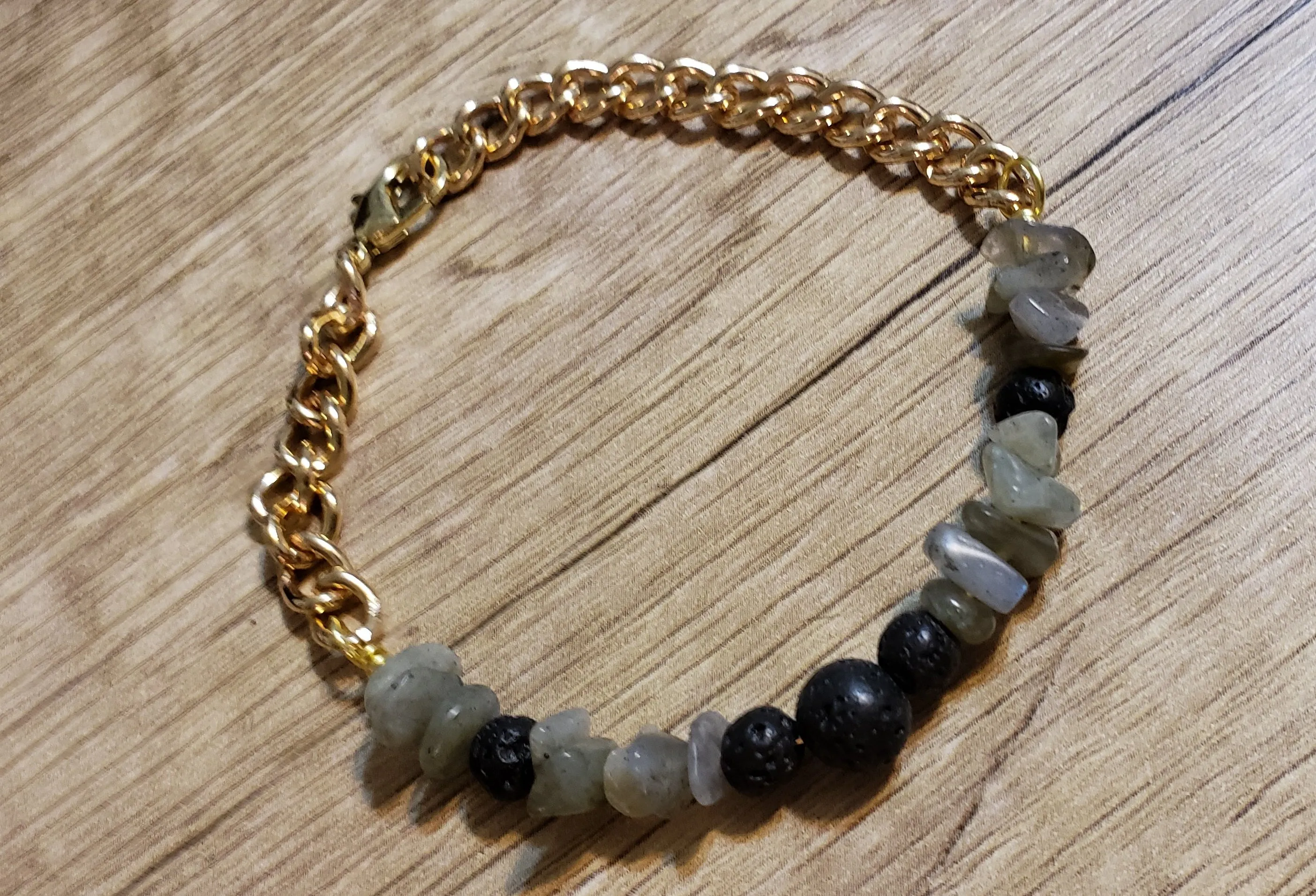 Hand Crafted All Natural Labradorite & Gold Tone Chain Bracelet with Lava Rocks. Non Tarnish & Fully Adjustable to 8.5" with Lobster Claw Clasp