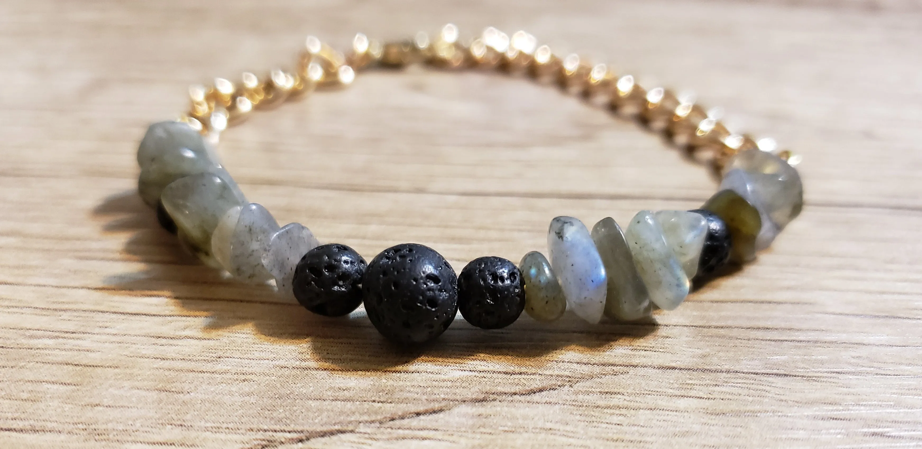 Hand Crafted All Natural Labradorite & Gold Tone Chain Bracelet with Lava Rocks. Non Tarnish & Fully Adjustable to 8.5" with Lobster Claw Clasp