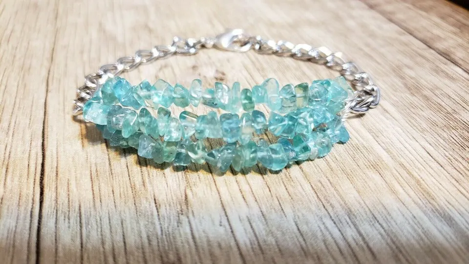 Hand Crafted All Natural Paraiba Apatite Gemstone & Chain Bracelet. Triple Strand Adjustable to 8" with Lobster Claw Clasp