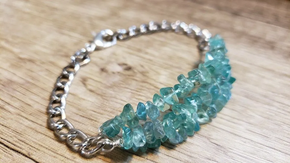 Hand Crafted All Natural Paraiba Apatite Gemstone & Chain Bracelet. Triple Strand Adjustable to 8" with Lobster Claw Clasp