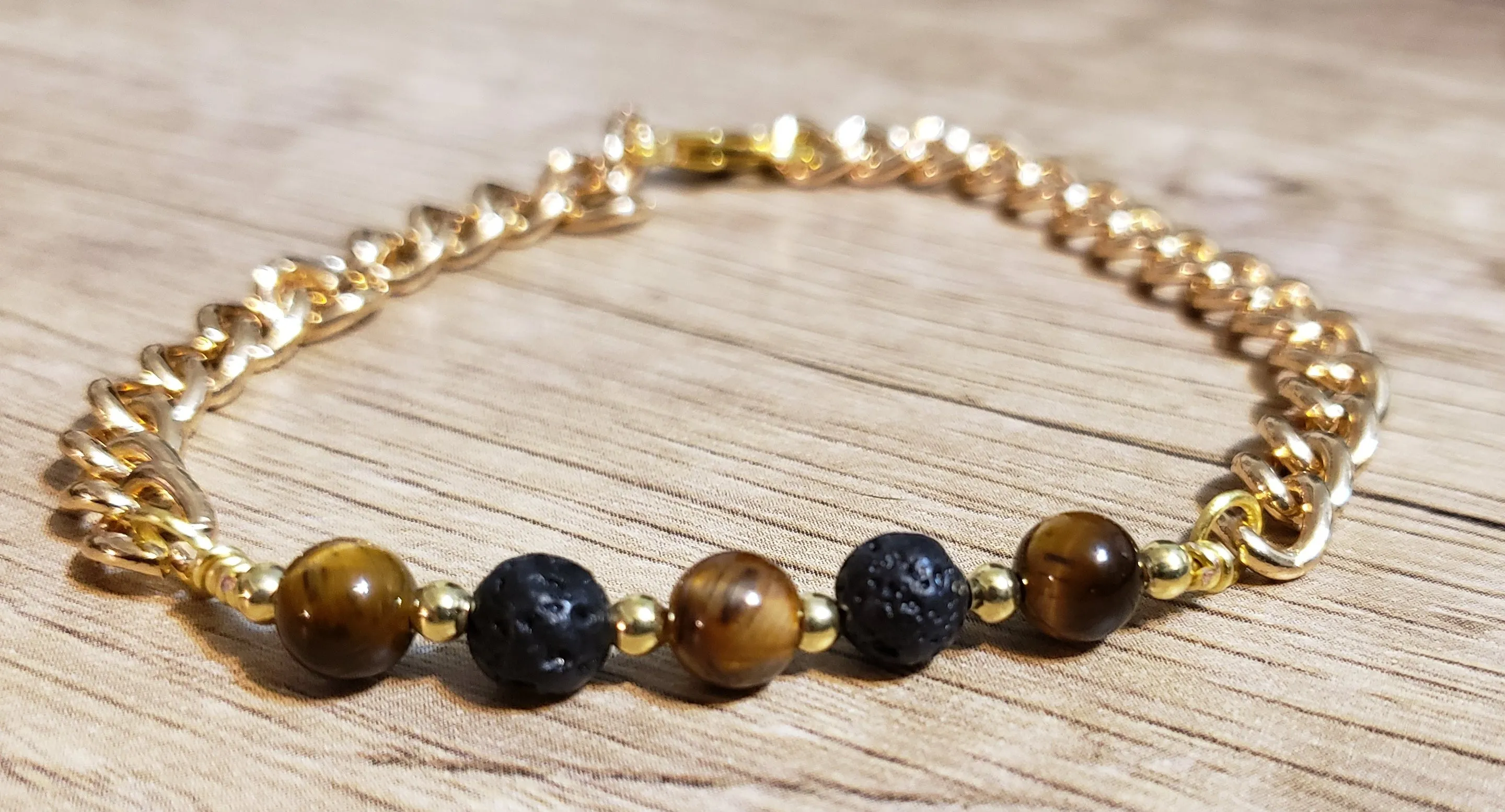 Hand Crafted All Natural Tiger's Eye & Gold Tone Chain Bracelet with Lava Rocks. Non Tarnish & Fully Adjustable to 8.5" with Lobster Claw Clasp