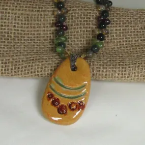 Handmade Green Beaded Necklace with Mustard Artisan Pendant