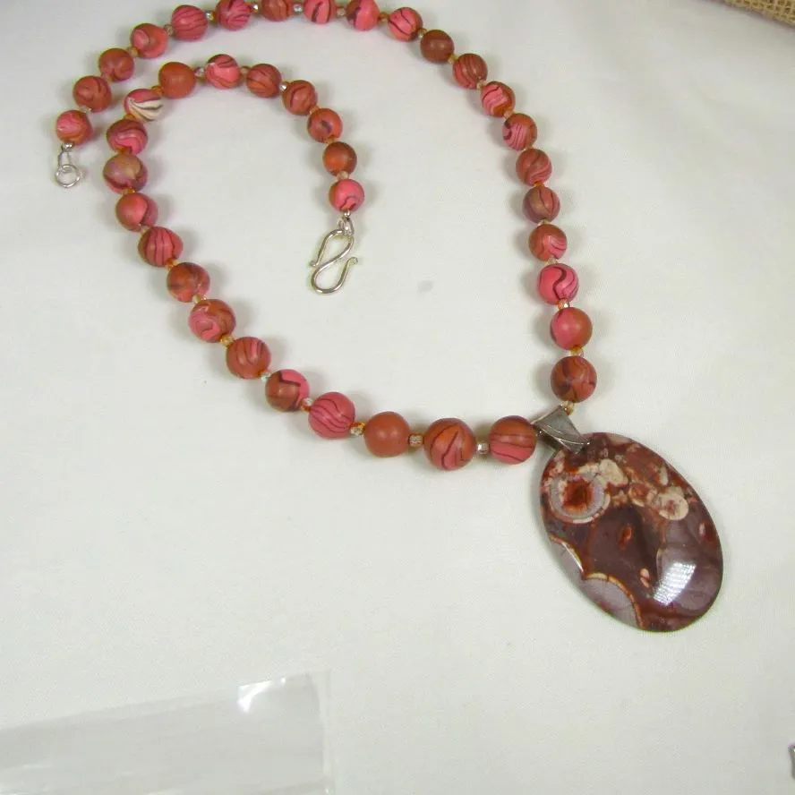 Handmade Pink Beaded Necklace with Gemstone Pendant