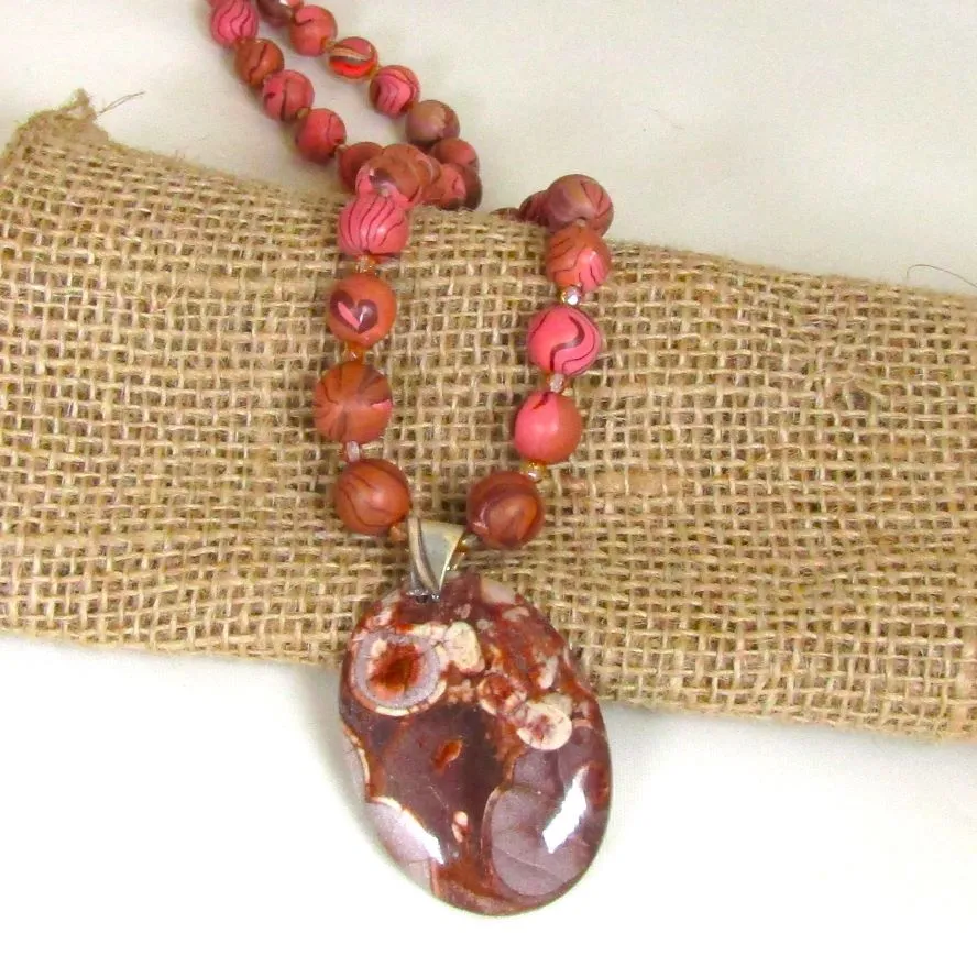 Handmade Pink Beaded Necklace with Gemstone Pendant