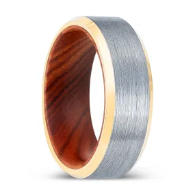 HARDTALON | IRON Wood, Brushed, Silver Tungsten Ring, Gold Beveled Edges