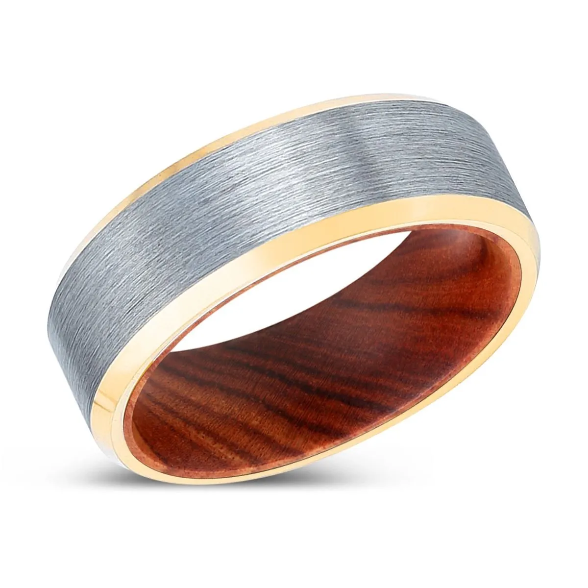 HARDTALON | IRON Wood, Brushed, Silver Tungsten Ring, Gold Beveled Edges