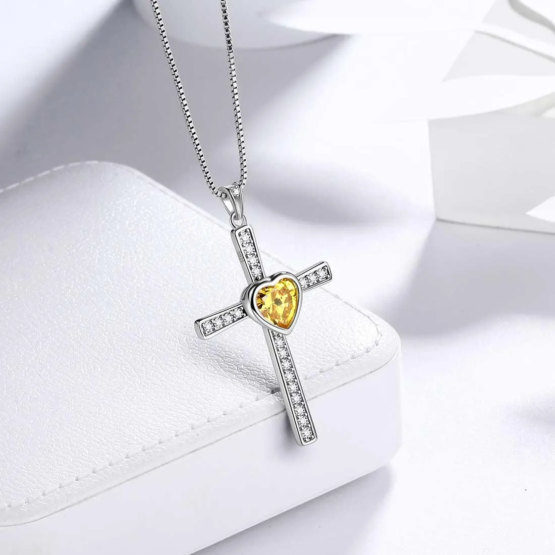 Heart Birthstone November Citrine Cross Necklace Pendant Women Girls Jewelry Birthday Gift